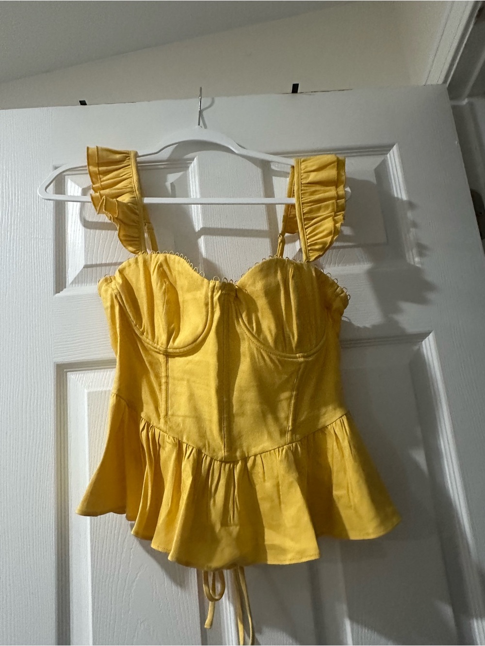 Astr Ruffle Strap Yellow Peplum Bustier Top
